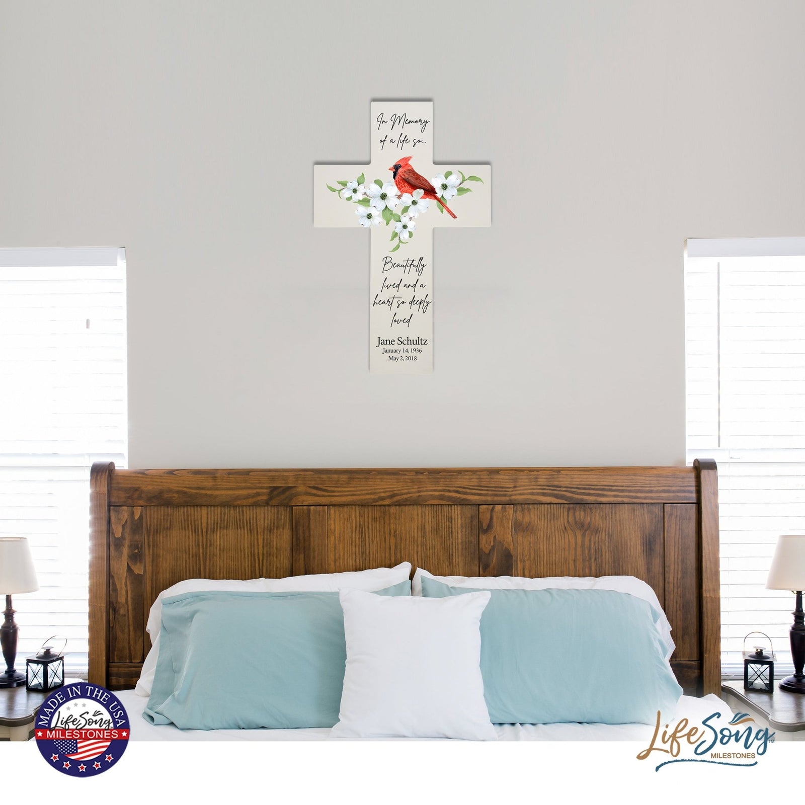 Personalized Red Cardinal Memorial Bereavement Wall Cross For Loss of Loved One In Memory Of A Life (Cardinal) Quote 14 x 9.25 In Memory Of A Life So Beautifully Lived And A Heart So Deeply Loved - LifeSong Milestones