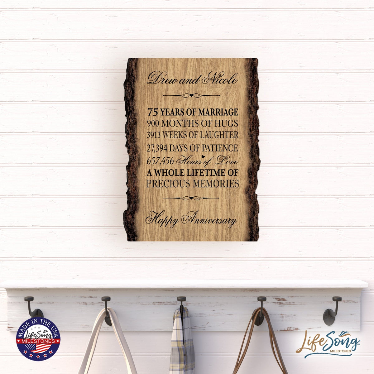 Personalized Rustic Wedding Anniversary 9x12 Barky Wall Plaque Gift For Parents, Grandparents New Couple - 75 Years Of Marriage - LifeSong Milestones