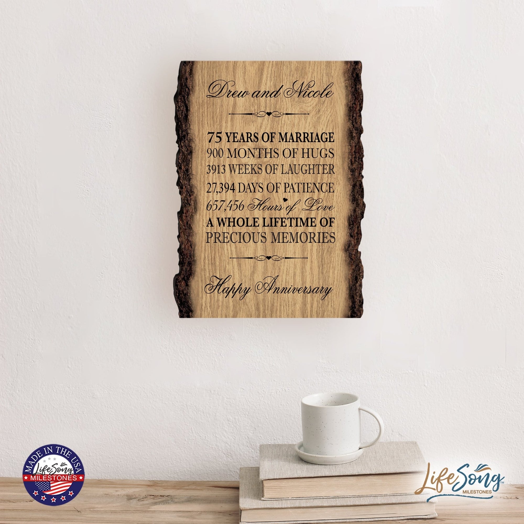 Personalized Rustic Wedding Anniversary 9x12 Barky Wall Plaque Gift For Parents, Grandparents New Couple - 75 Years Of Marriage - LifeSong Milestones