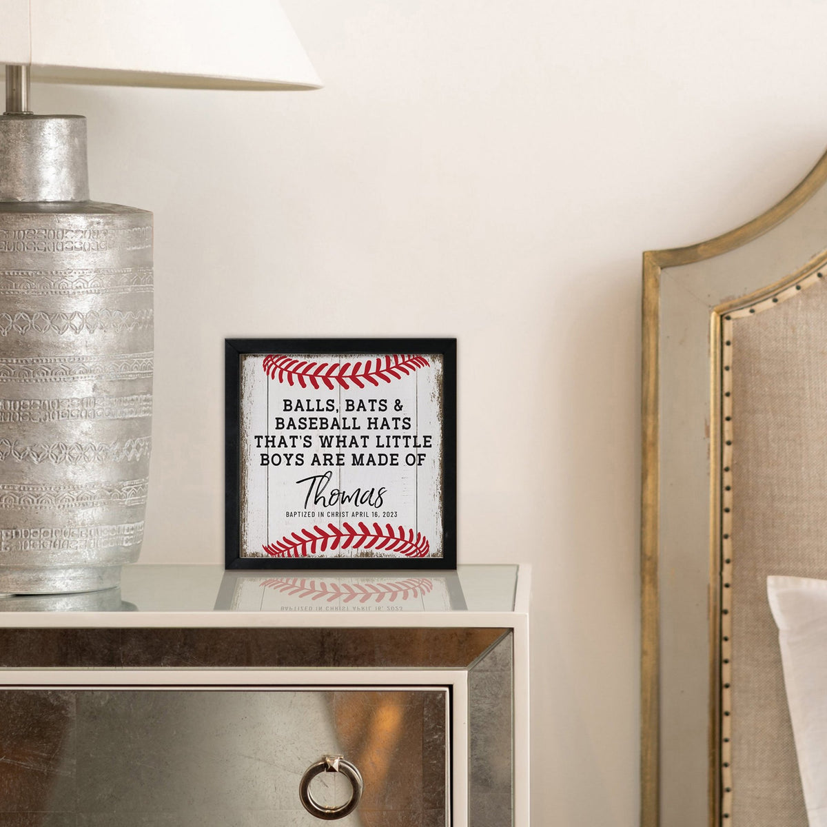 Personalized Rustic Wooden Baseball Shadow Box Shelf Décor With Inspiring Bible Verses - Balls, Bats, & Baseball Hats - LifeSong Milestones