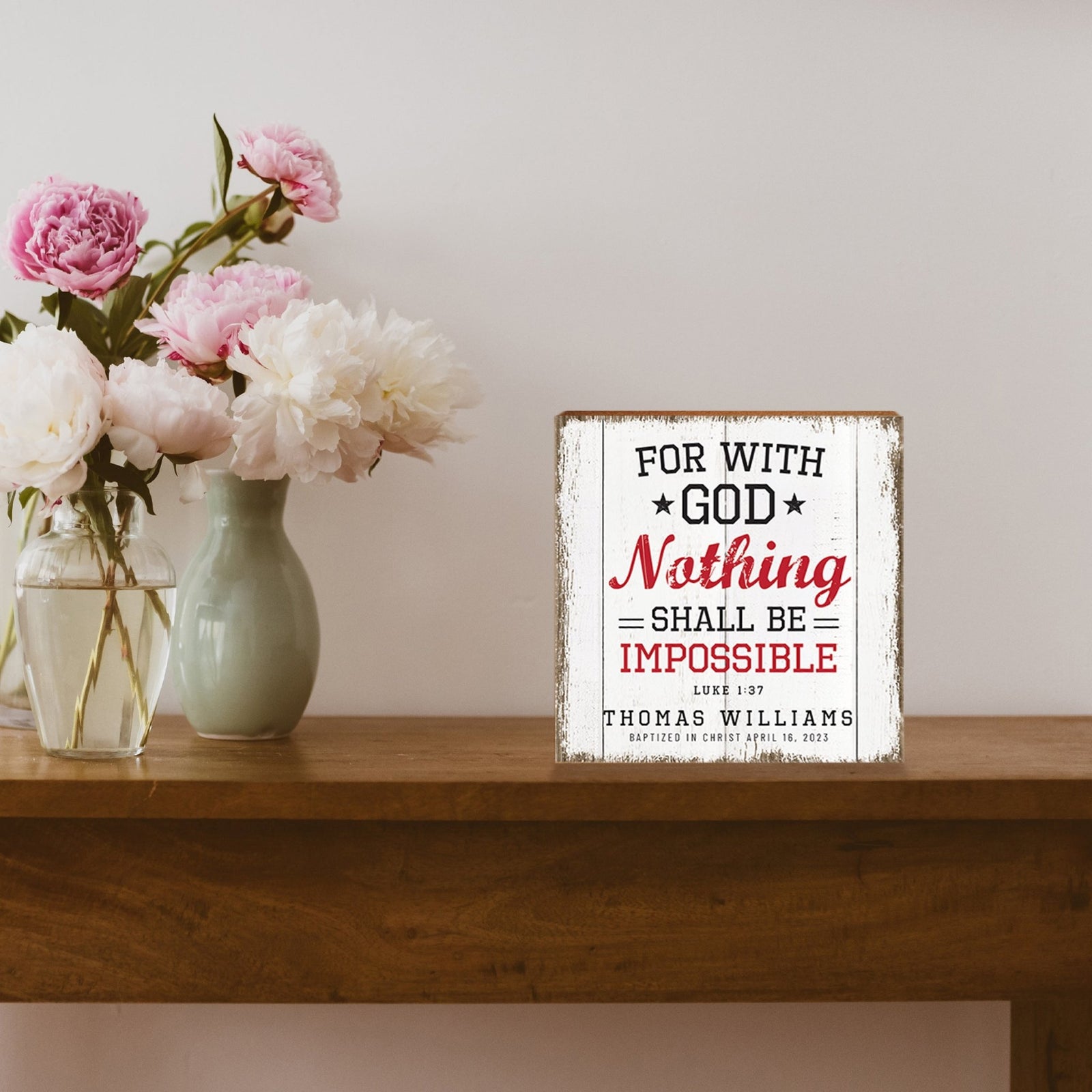 Personalized Rustic Wooden Baseball Shadow Box Shelf Décor With Inspiring Bible Verses - For With God - LifeSong Milestones