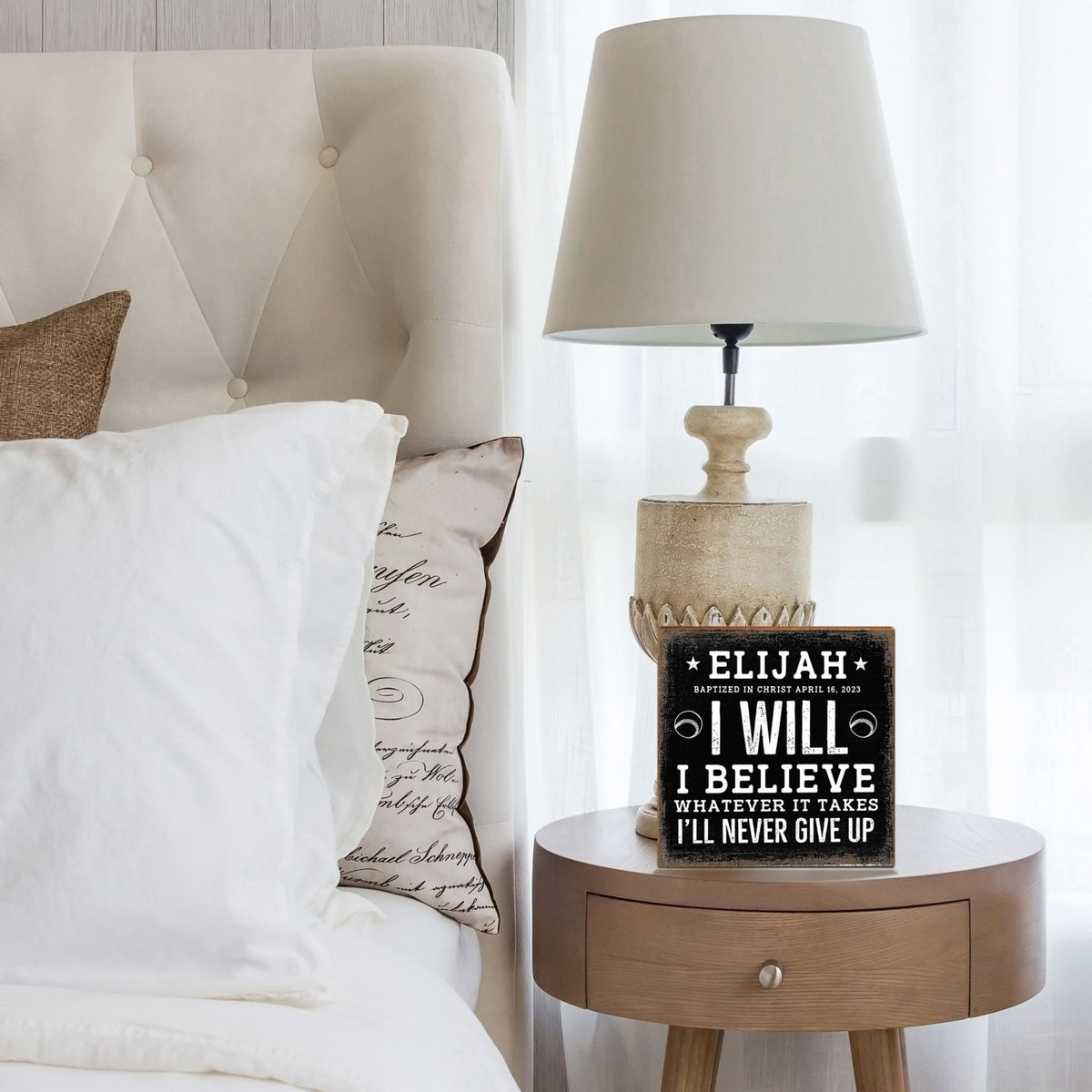 Personalized Rustic Wooden Baseball Shadow Box Shelf Décor With Inspiring Bible Verses - I Will, I Believe - LifeSong Milestones