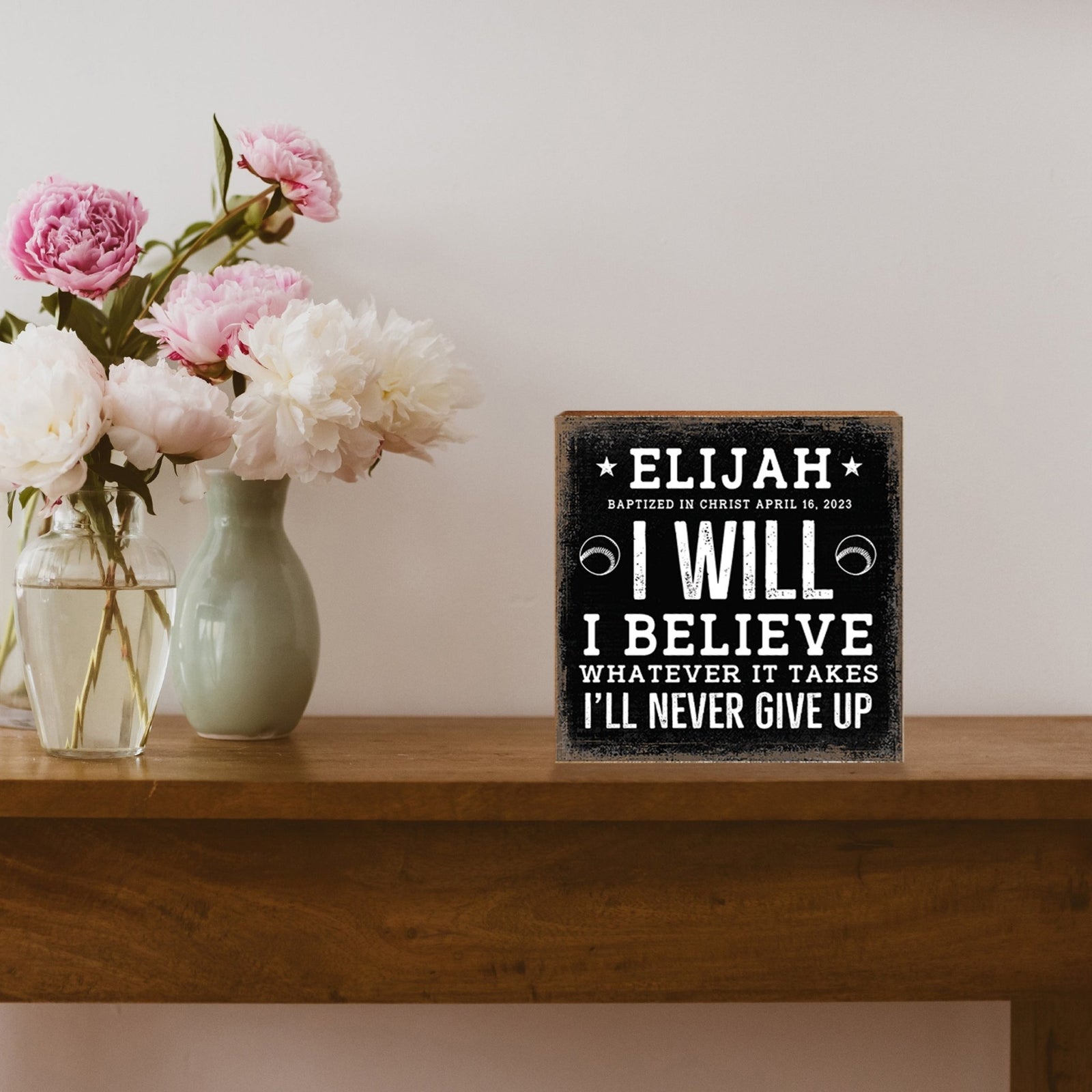 Personalized Rustic Wooden Baseball Shadow Box Shelf Décor With Inspiring Bible Verses - I Will, I Believe - LifeSong Milestones