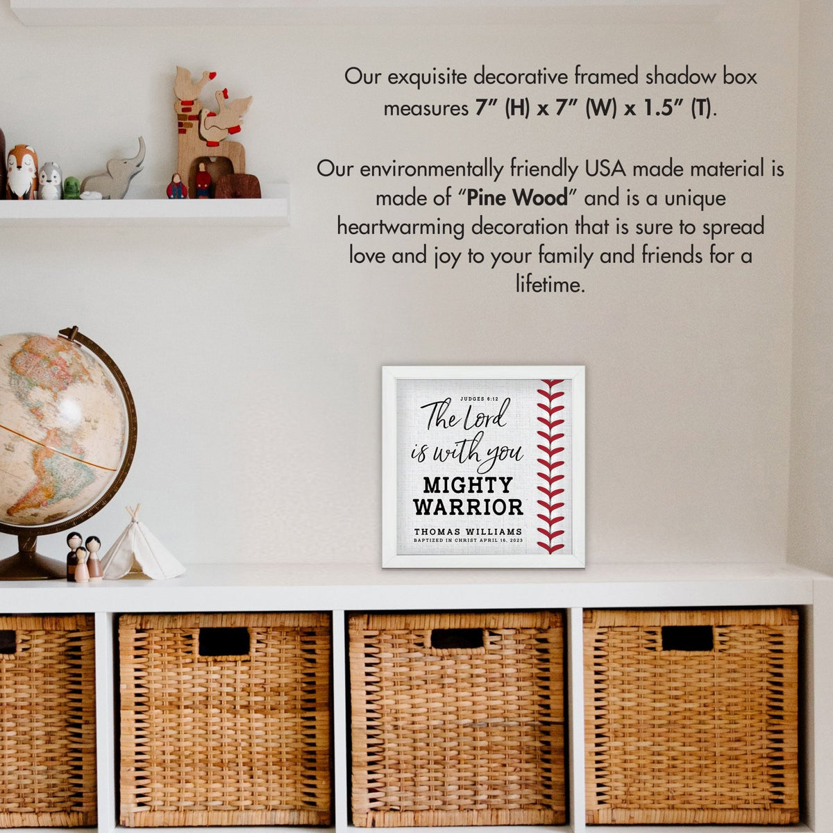 Personalized Rustic Wooden Baseball Shadow Box Shelf Décor With Inspiring Bible Verses - Mighty Warrior - LifeSong Milestones