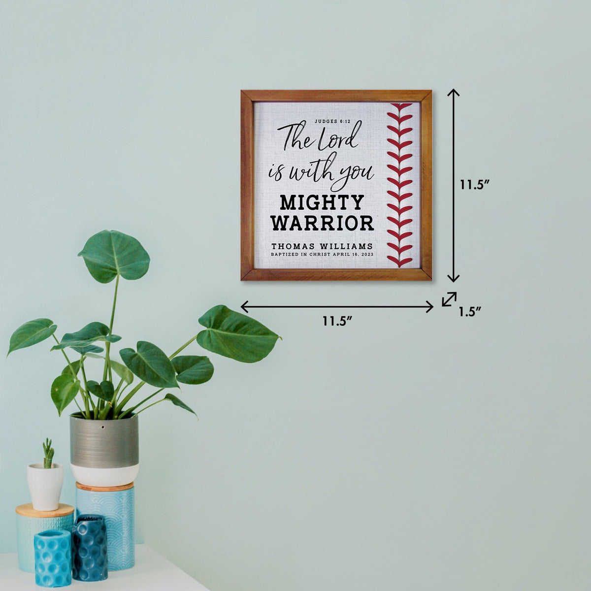 Personalized Rustic Wooden Baseball Shadow Box Shelf Décor With Inspiring Bible Verses - Mighty Warrior - LifeSong Milestones