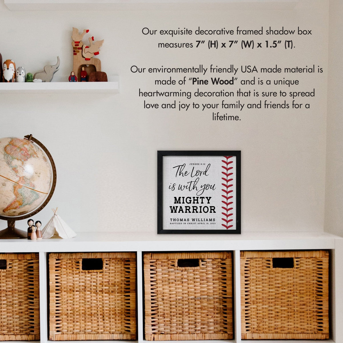 Personalized Rustic Wooden Baseball Shadow Box Shelf Décor With Inspiring Bible Verses - Mighty Warrior - LifeSong Milestones