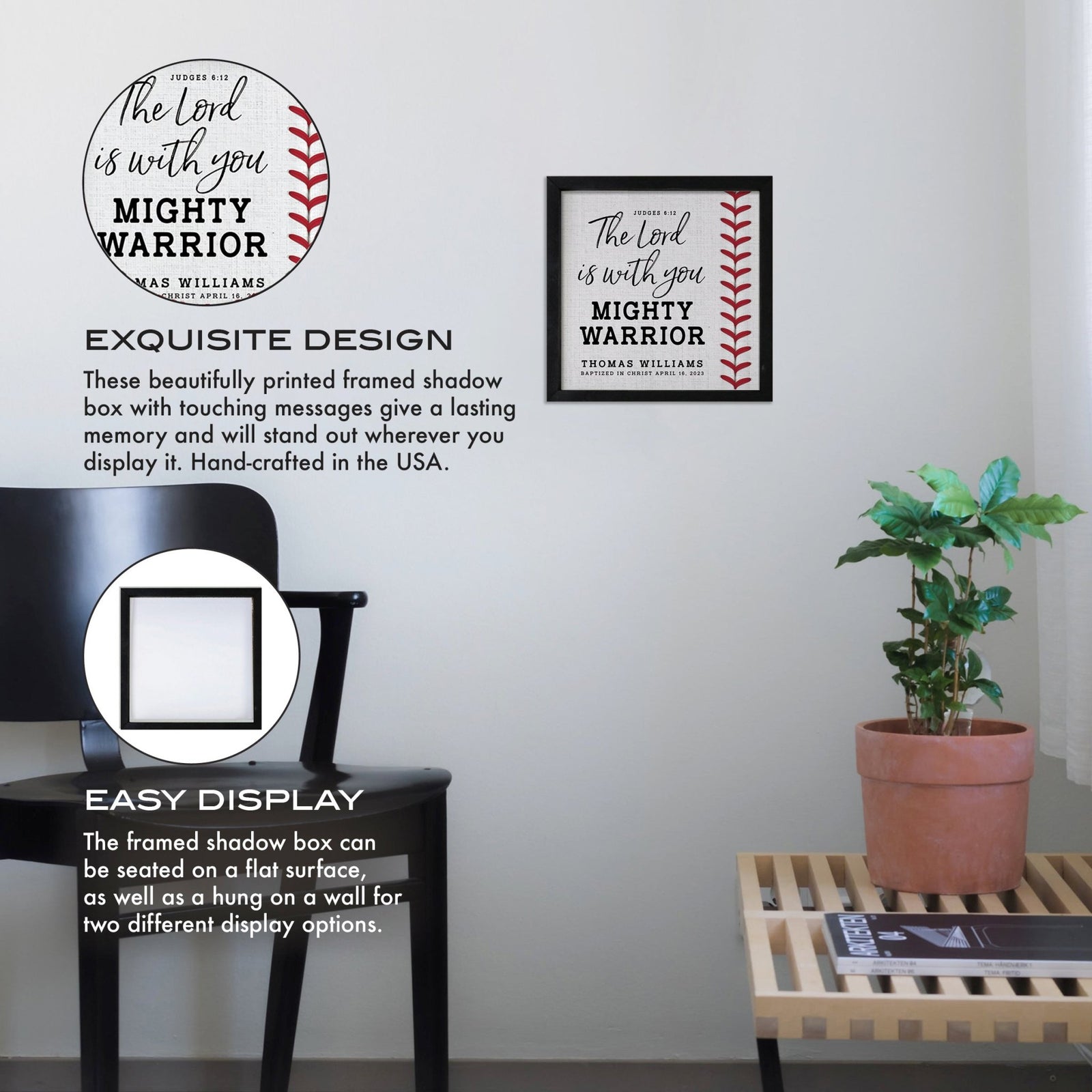 Personalized Rustic Wooden Baseball Shadow Box Shelf Décor With Inspiring Bible Verses - Mighty Warrior - LifeSong Milestones
