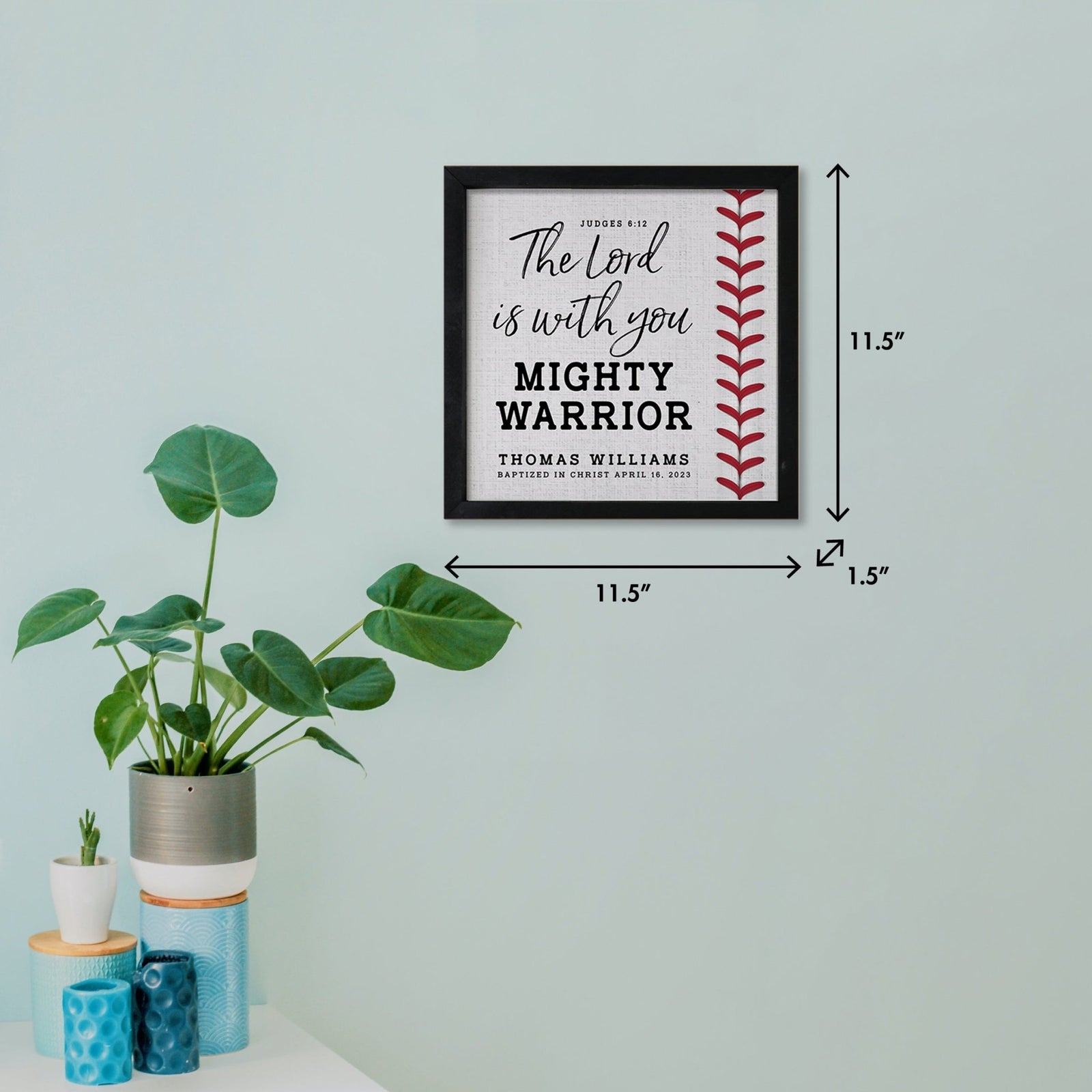 Personalized Rustic Wooden Baseball Shadow Box Shelf Décor With Inspiring Bible Verses - Mighty Warrior - LifeSong Milestones