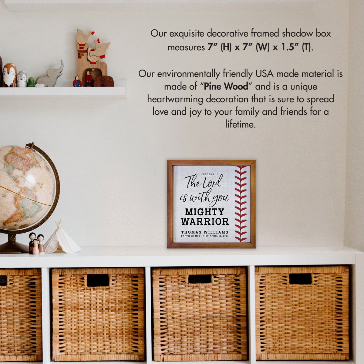 Personalized Rustic Wooden Baseball Shadow Box Shelf Décor With Inspiring Bible Verses - Mighty Warrior - LifeSong Milestones
