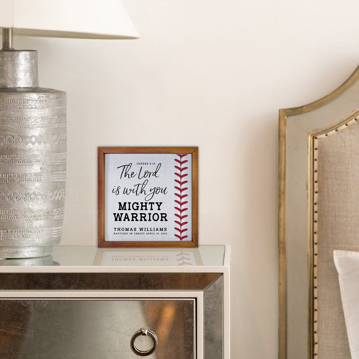 Personalized Rustic Wooden Baseball Shadow Box Shelf Décor With Inspiring Bible Verses - Mighty Warrior - LifeSong Milestones