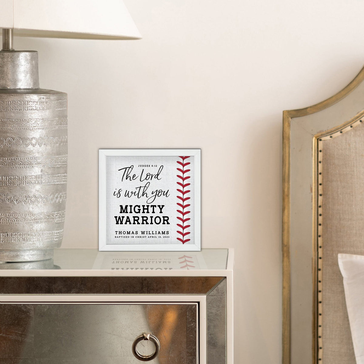 Personalized Rustic Wooden Baseball Shadow Box Shelf Décor With Inspiring Bible Verses - Mighty Warrior - LifeSong Milestones