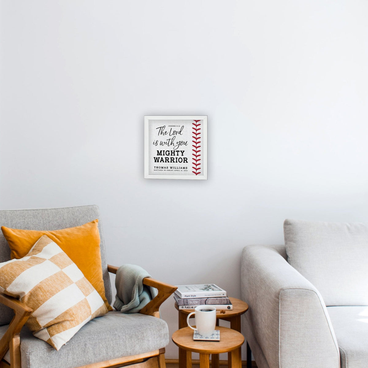 Personalized Rustic Wooden Baseball Shadow Box Shelf Décor With Inspiring Bible Verses - Mighty Warrior - LifeSong Milestones