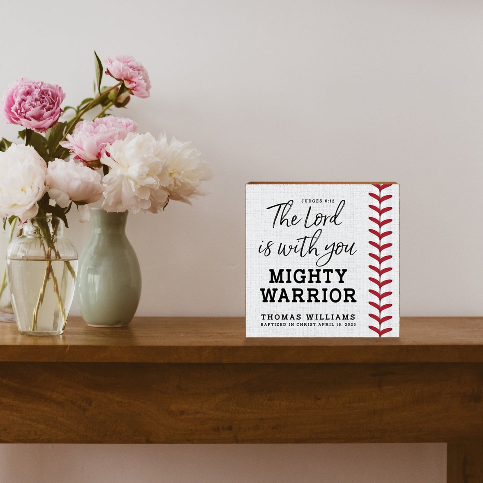 Personalized Rustic Wooden Baseball Shadow Box Shelf Décor With Inspiring Bible Verses - The Lord Is With You - LifeSong Milestones