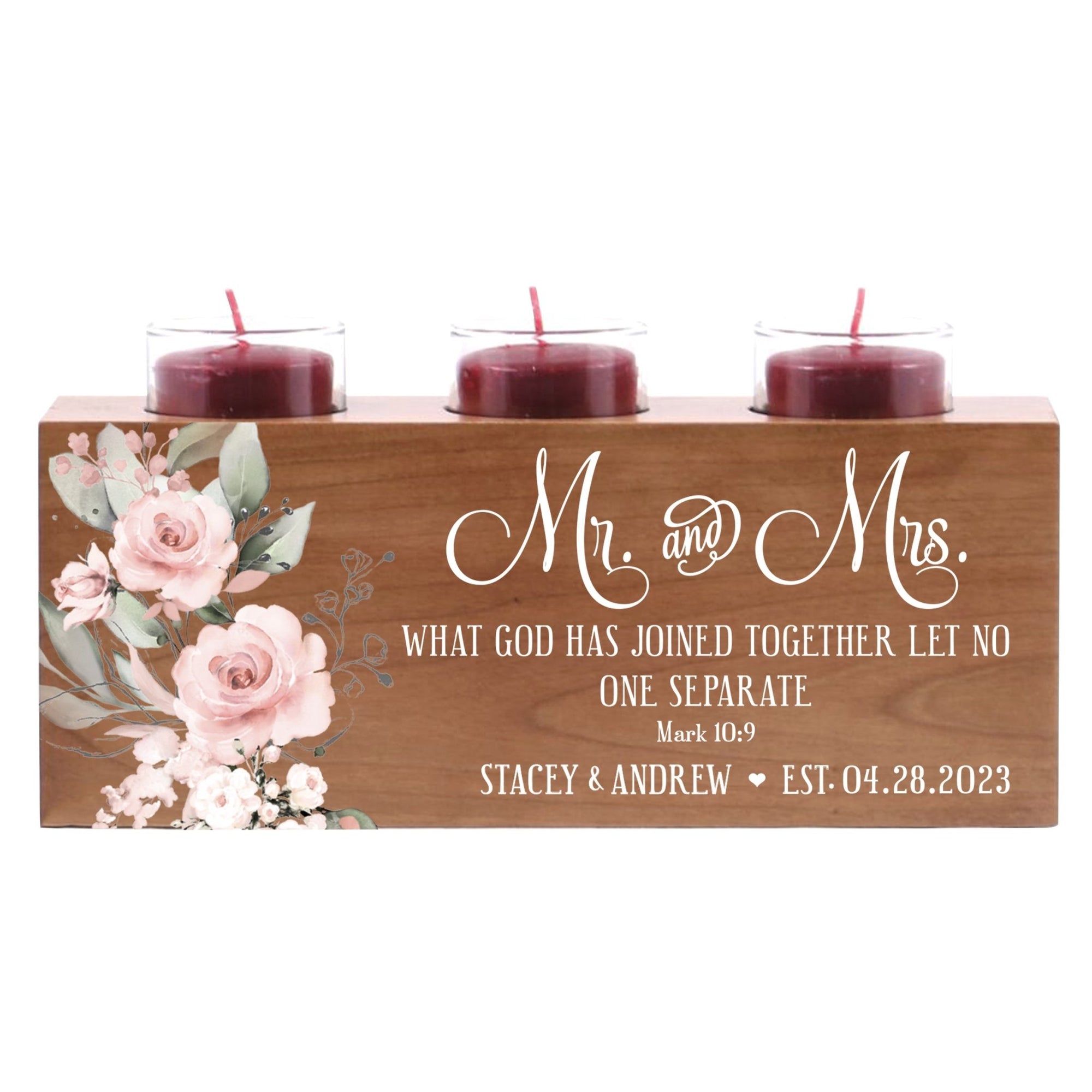 Personalized Rustic Wooden Candle Holder With Tealight Glass Votives Home Décor And Gift Ideas - What Has God Joined Together - LifeSong Milestones