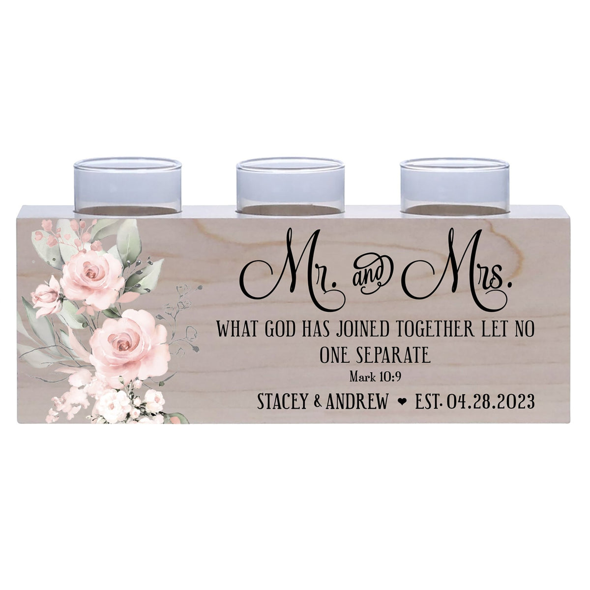 Personalized Rustic Wooden Candle Holder With Tealight Glass Votives Home Décor And Gift Ideas - What Has God Joined Together - LifeSong Milestones
