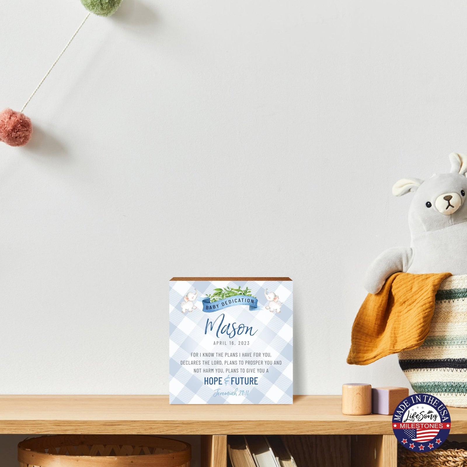 Personalized Shelf Décor and Tabletop Signs for Baby Dedication - LifeSong Milestones