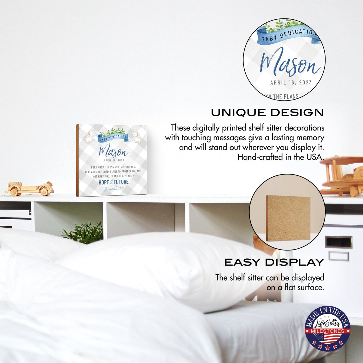 Personalized Shelf Décor and Tabletop Signs for Baby Dedication - LifeSong Milestones