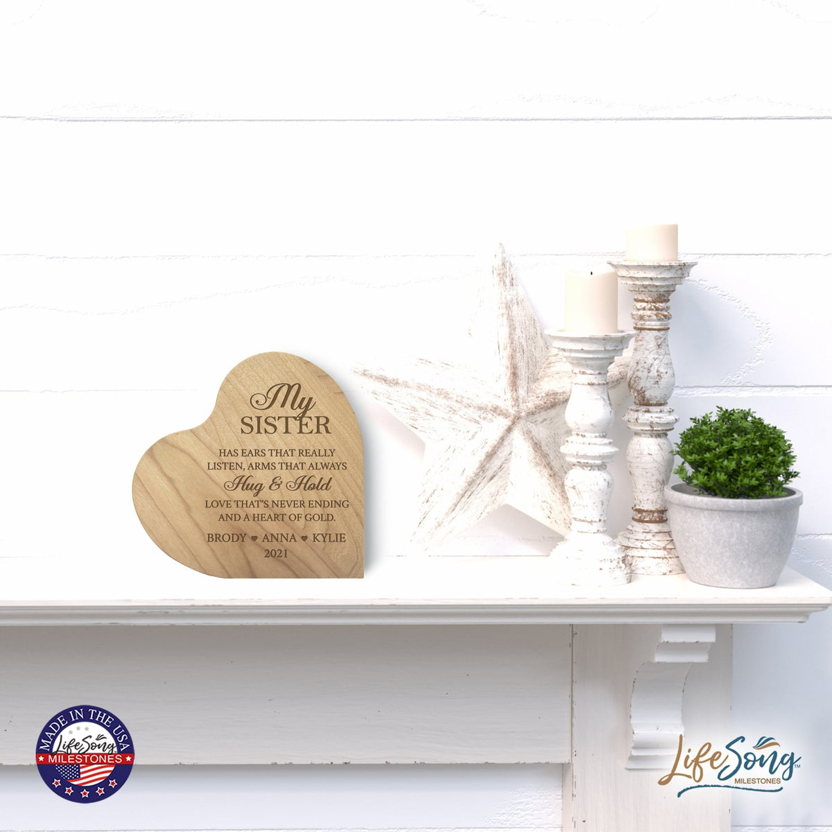 Personalized Sister’s Love Wooden Solid Wood Heart Decoration With Inspirational Verse 5x5.25 - Sister Has Ears That Really = Hug & Hold - LifeSong Milestones