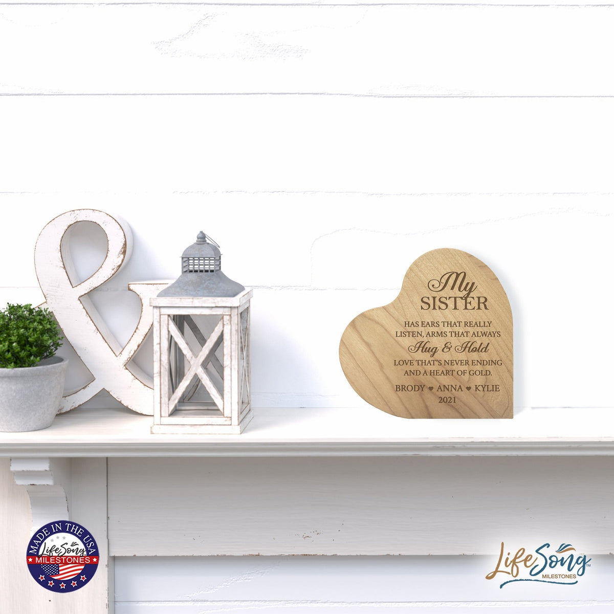 Personalized Sister’s Love Wooden Solid Wood Heart Decoration With Inspirational Verse 5x5.25 - Sister Has Ears That Really = Hug & Hold - LifeSong Milestones