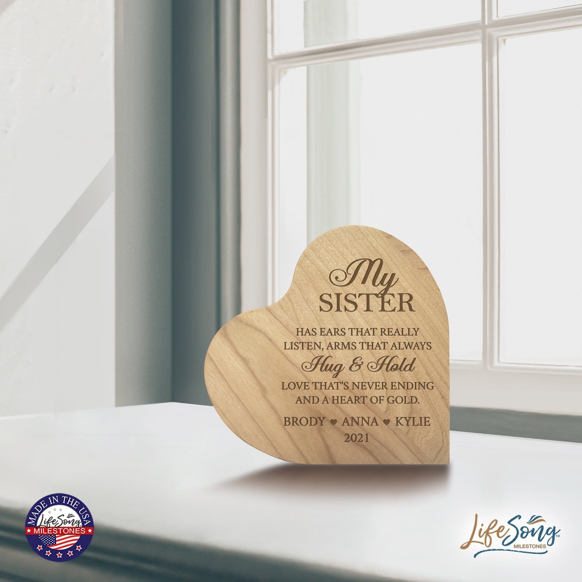 Personalized Sister’s Love Wooden Solid Wood Heart Decoration With Inspirational Verse 5x5.25 - Sister Has Ears That Really = Hug & Hold - LifeSong Milestones