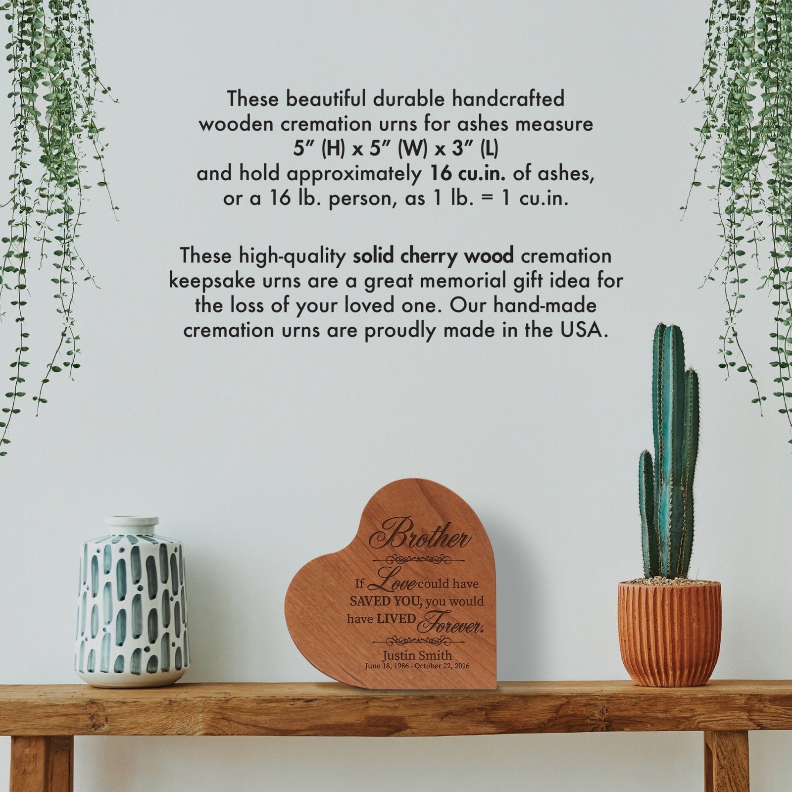 Customizable Memorial Wooden Heart Shaped Urns For Brother