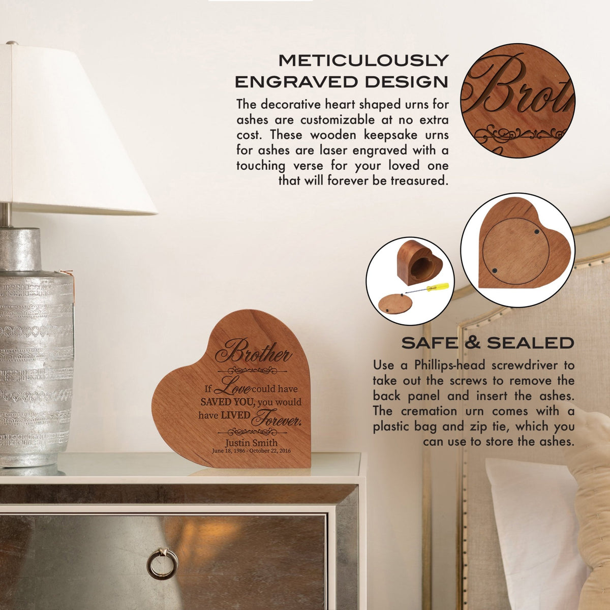 Memorial Engraved Customizable Heart Shaped Urns For Brother