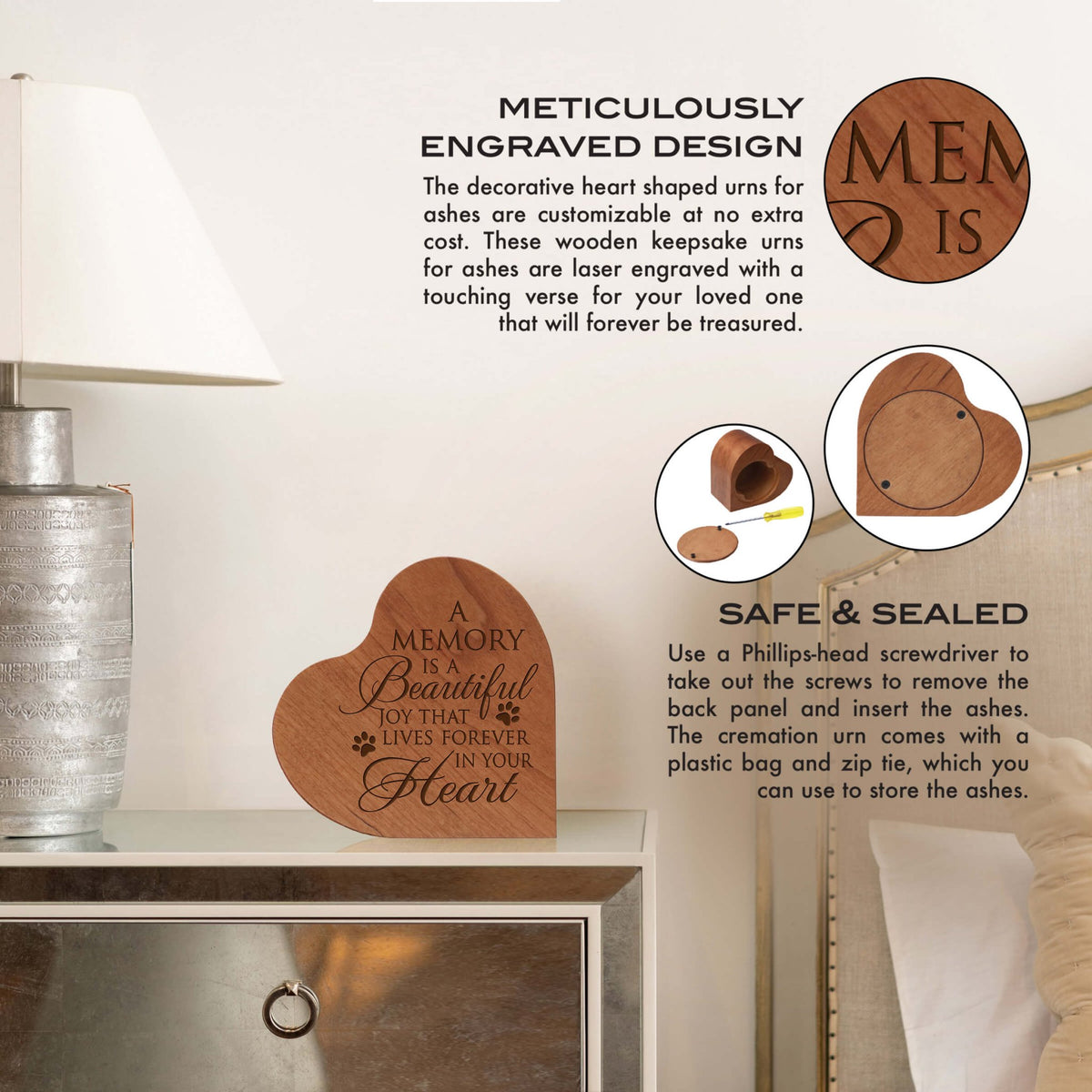 Dog or Cat Engraved Wooden Heart Shaped Cremation Urn For Pet Ashes