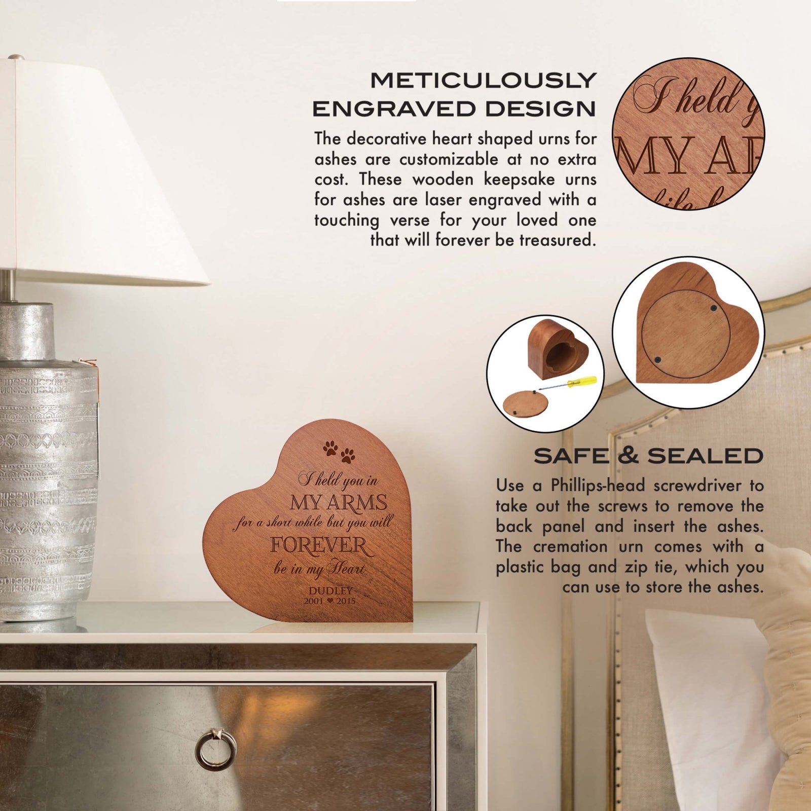 Personalized Dog or Cat Engraved Wooden Heart Shaped Cremation Urn For Pet Ashes