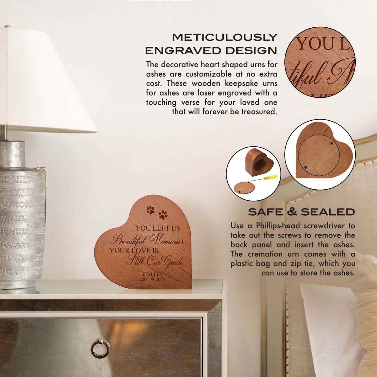 Dog or Cat Personalized Wooden Engraved Heart Shaped Pet Urn