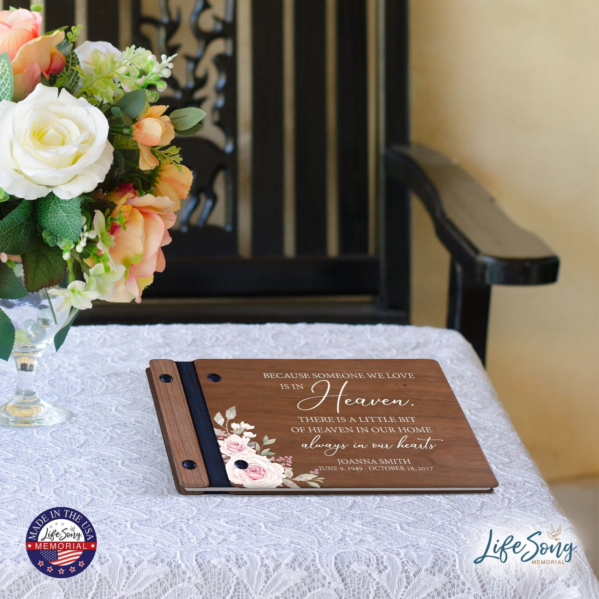 Personalized Small Wooden Memorial Guestbook 9.375x6 - Because Someone We Love (Cherry) - LifeSong Milestones