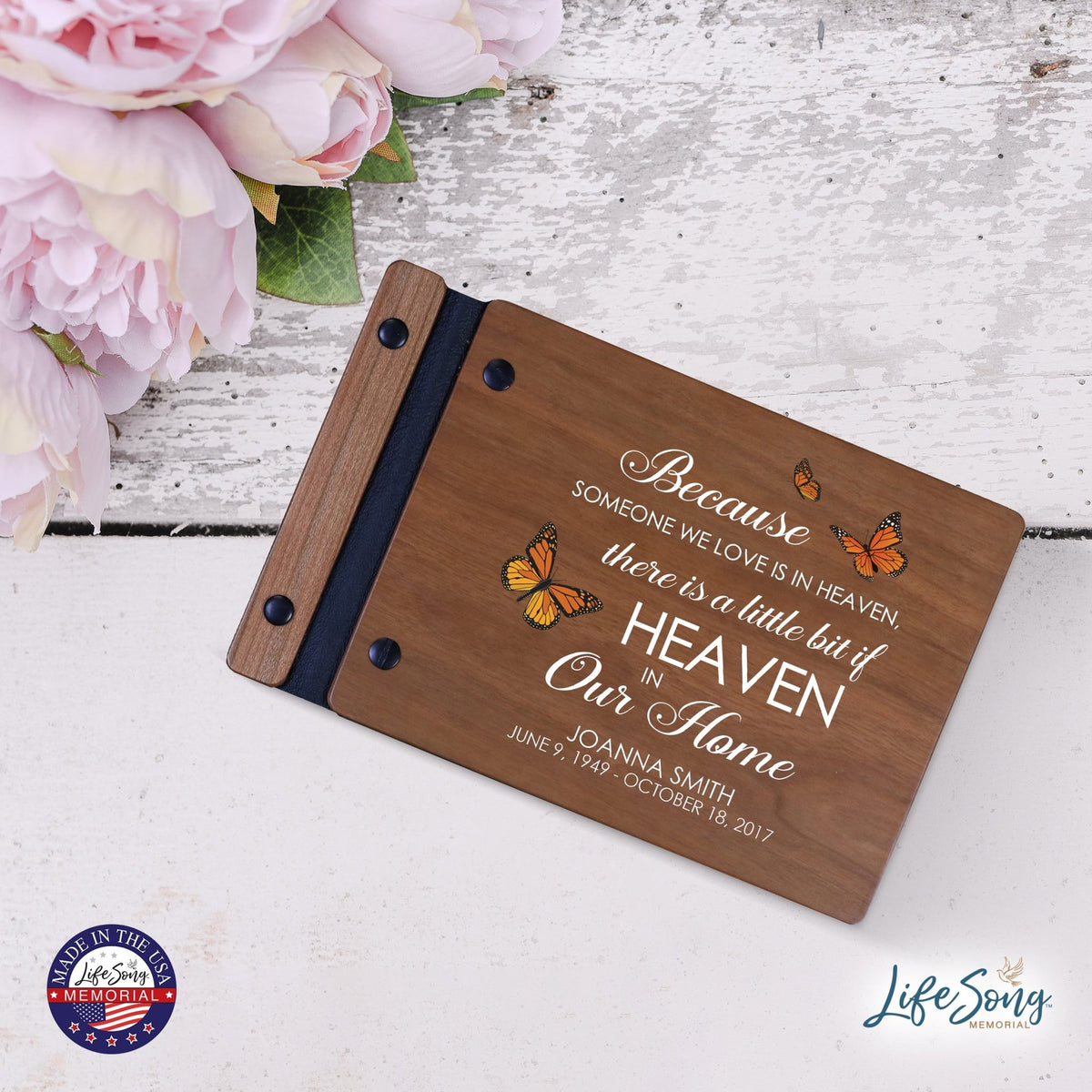 Personalized Small Wooden Memorial Guestbook 9.375x6 - Because Someone We Love (Cherry) - LifeSong Milestones