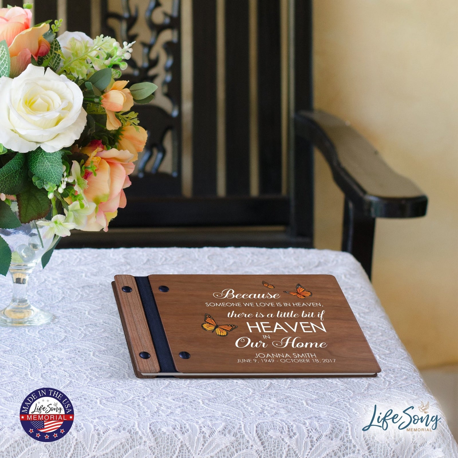 Personalized Small Wooden Memorial Guestbook 9.375x6 - Because Someone We Love (Cherry) - LifeSong Milestones