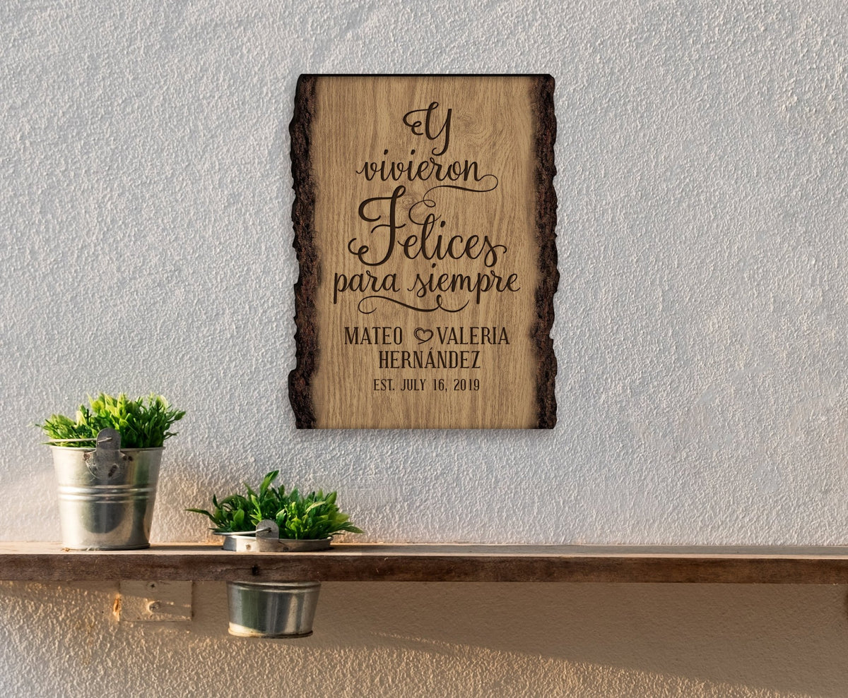 Personalized Spanish Engraved Wooden Bark Sign 9x12 - And They Lived Happily - LifeSong Milestones