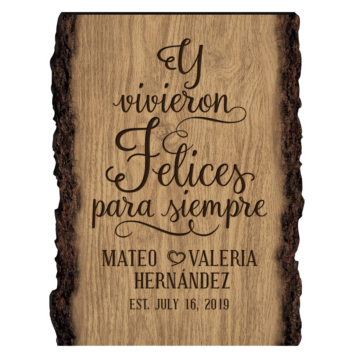 Personalized Spanish Engraved Wooden Bark Sign 9x12 - And They Lived Happily - LifeSong Milestones