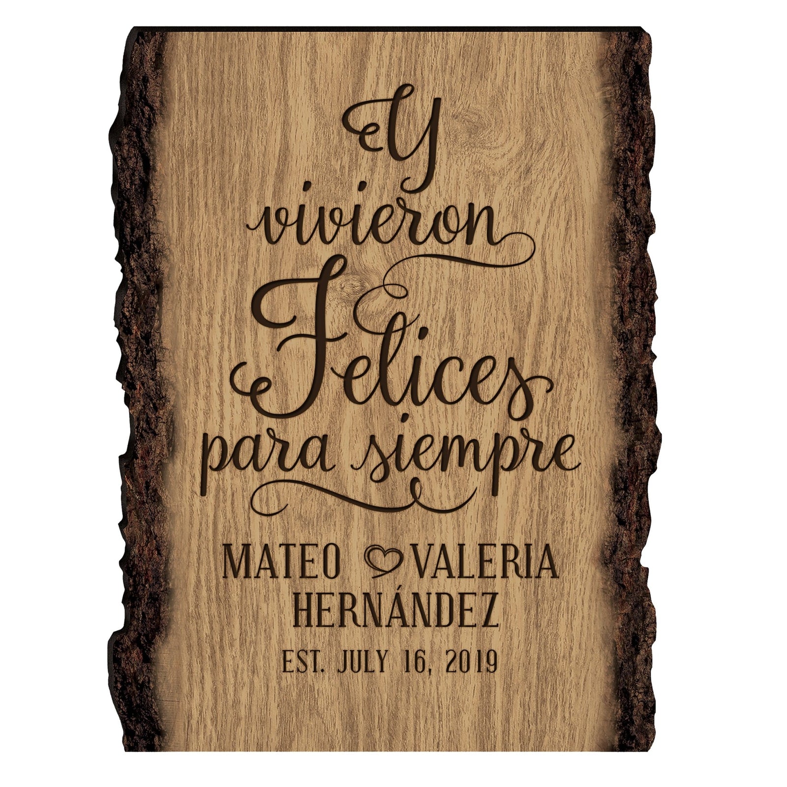 Personalized Spanish Engraved Wooden Bark Sign 9x12 - And They Lived Happily - LifeSong Milestones