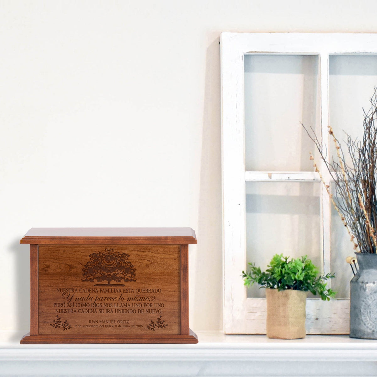 Personalized Spanish Engraved Wooden Cremation Urn Box for Adult Ashes - Nuestra Cadena Familiar - LifeSong Milestones