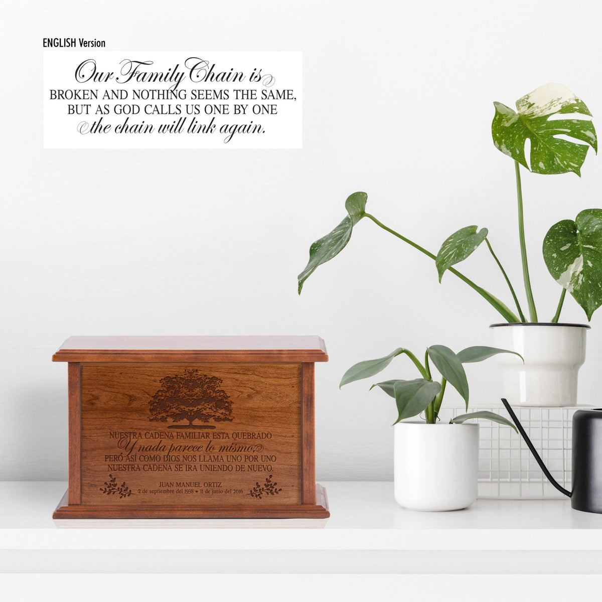 Personalized Spanish Engraved Wooden Cremation Urn Box for Adult Ashes - Nuestra Cadena Familiar - LifeSong Milestones