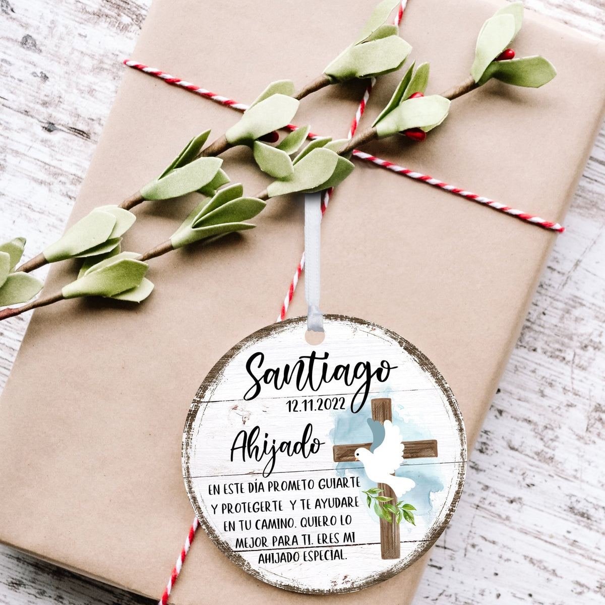 Personalized Spanish Wooden Baptism Ornament Gift for Godson - En Este Dia Prometo - LifeSong Milestones