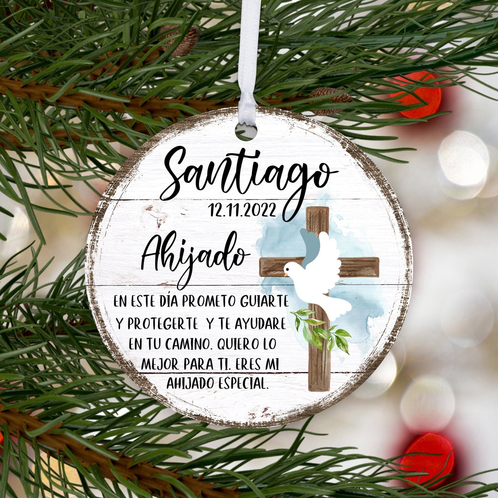 Personalized Spanish Wooden Baptism Ornament Gift for Godson - En Este Dia Prometo - LifeSong Milestones