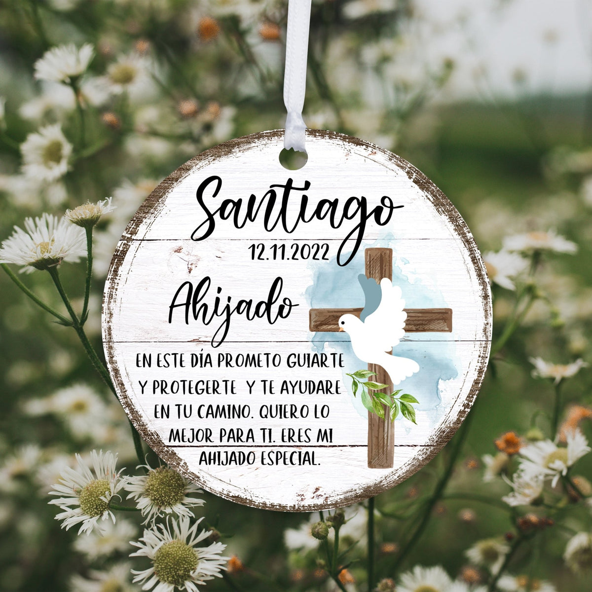 Personalized Spanish Wooden Baptism Ornament Gift for Godson - En Este Dia Prometo - LifeSong Milestones
