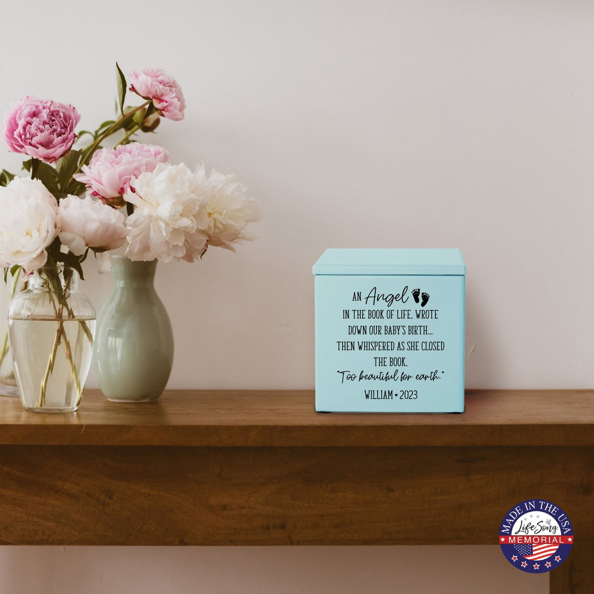 Personalized Still Born Infant Wooden Memorial Keepsake Urn For Human Ashes - An Angel In The Book - LifeSong Milestones