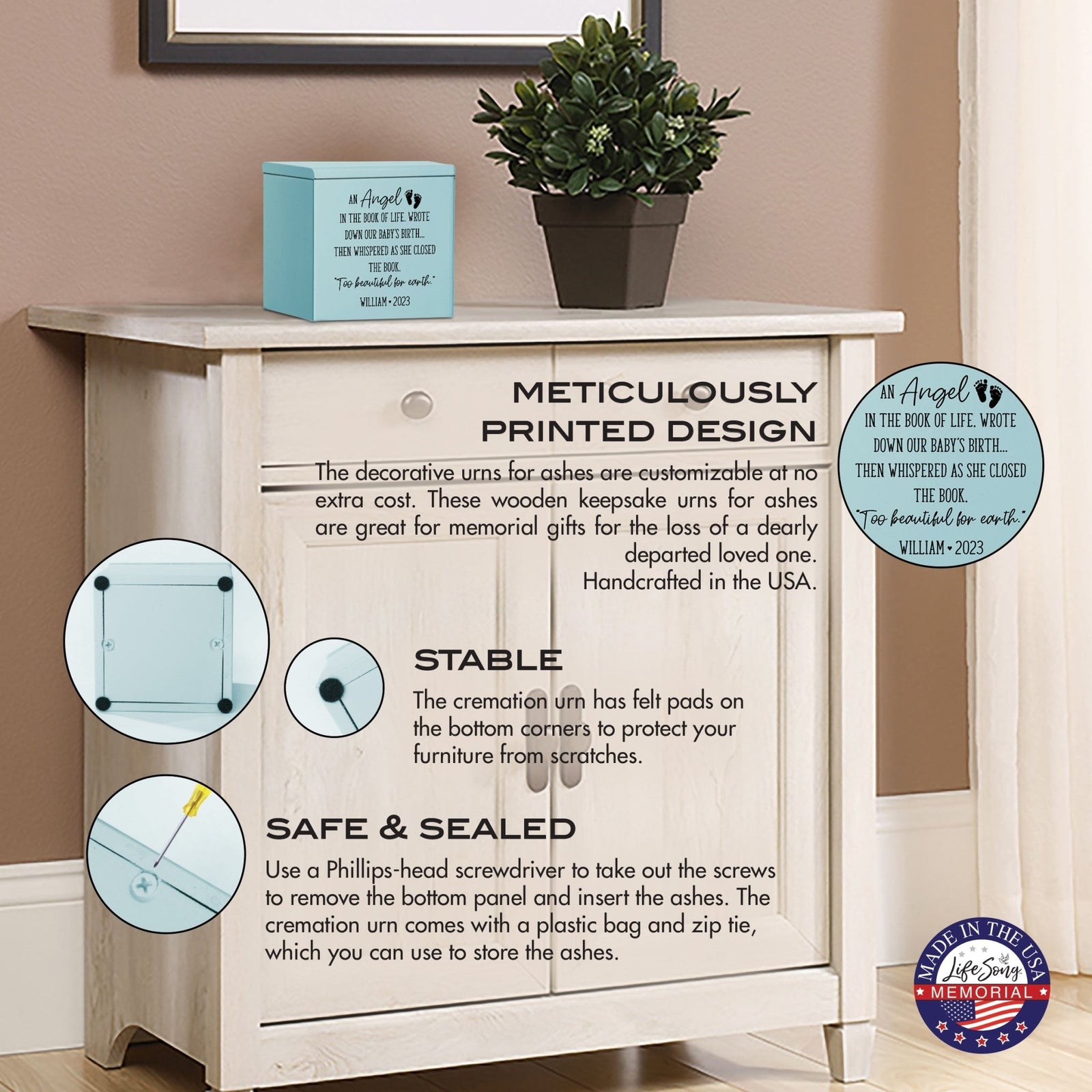 Personalized Still Born Infant Wooden Memorial Keepsake Urn For Human Ashes - An Angel In The Book - LifeSong Milestones