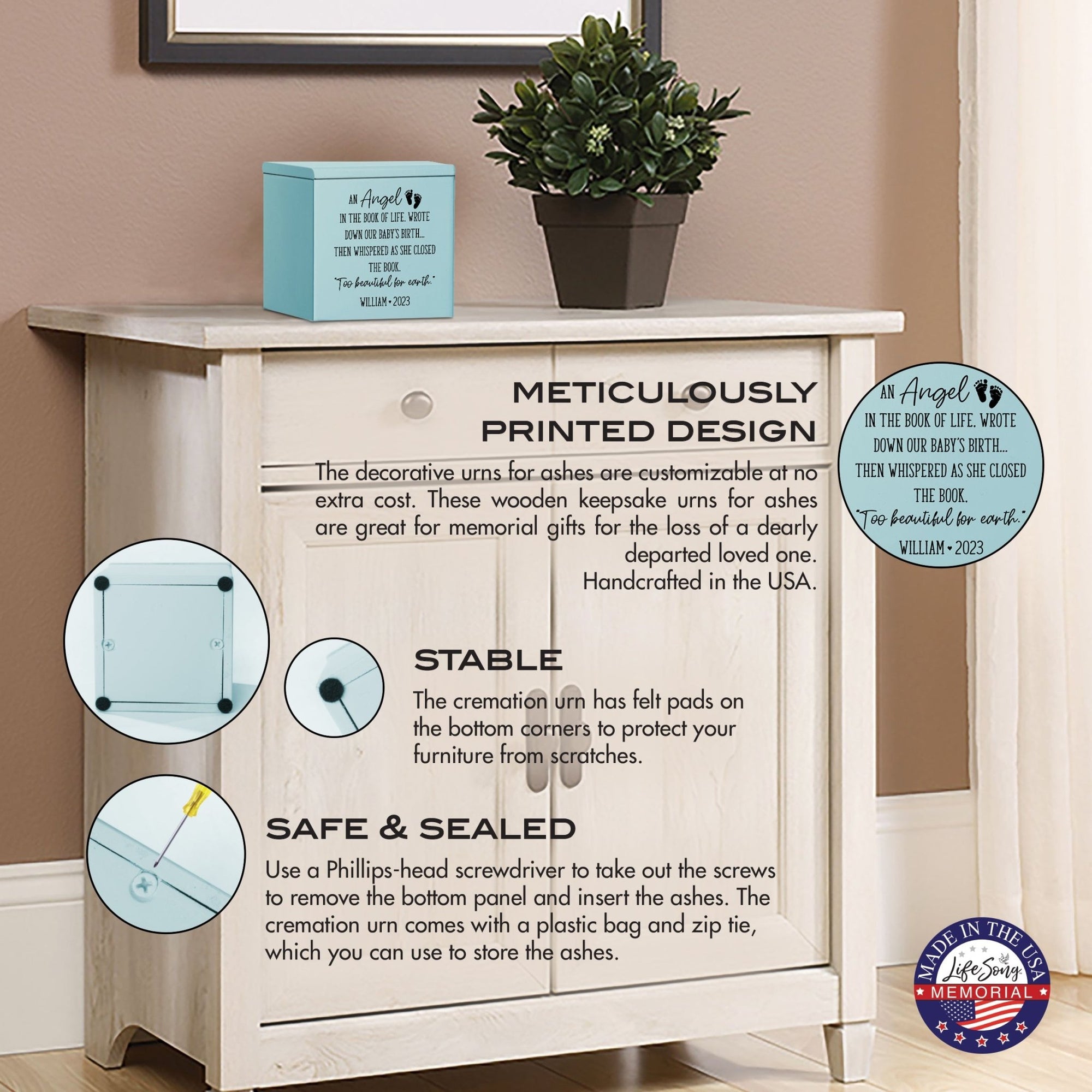 Personalized Still Born Infant Wooden Memorial Keepsake Urn For Human Ashes - An Angel In The Book - LifeSong Milestones