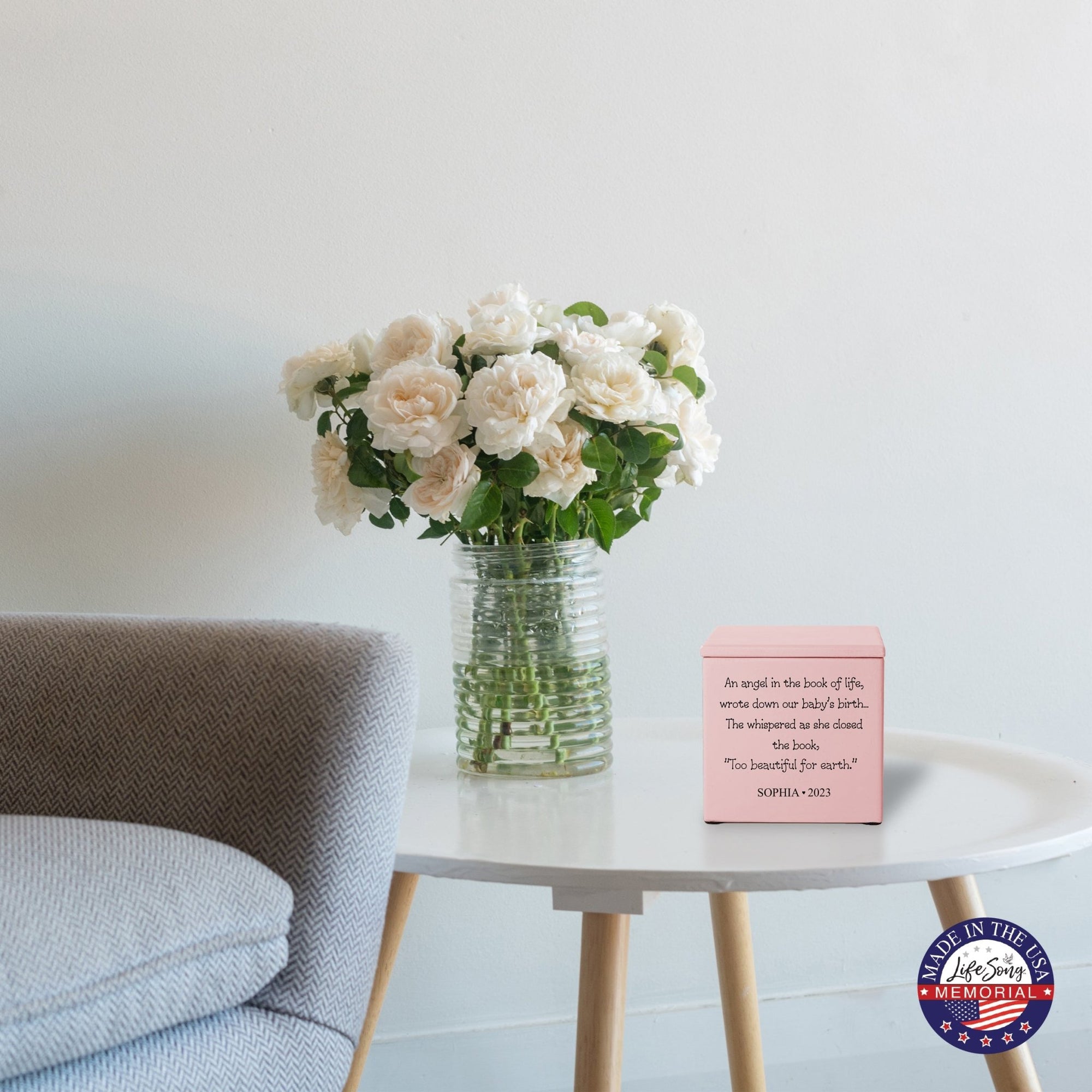 Personalized Still Born Infant Wooden Memorial Keepsake Urn For Human Ashes - An Angel In The Book - LifeSong Milestones