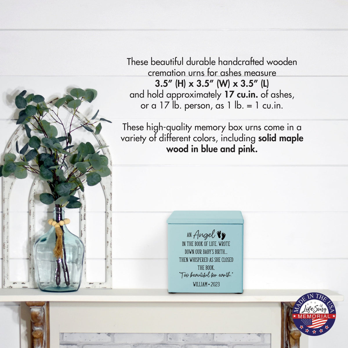 Personalized Still Born Infant Wooden Memorial Keepsake Urn For Human Ashes - An Angel In The Book - LifeSong Milestones