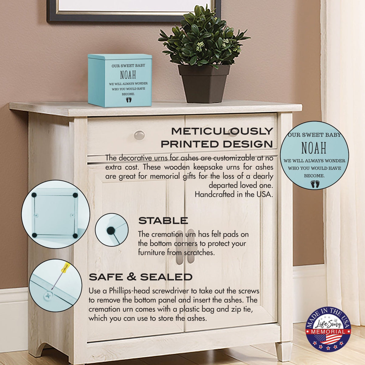 Personalized Still Born Infant Wooden Memorial Keepsake Urn For Human Ashes - Our Sweet Baby 1 - LifeSong Milestones