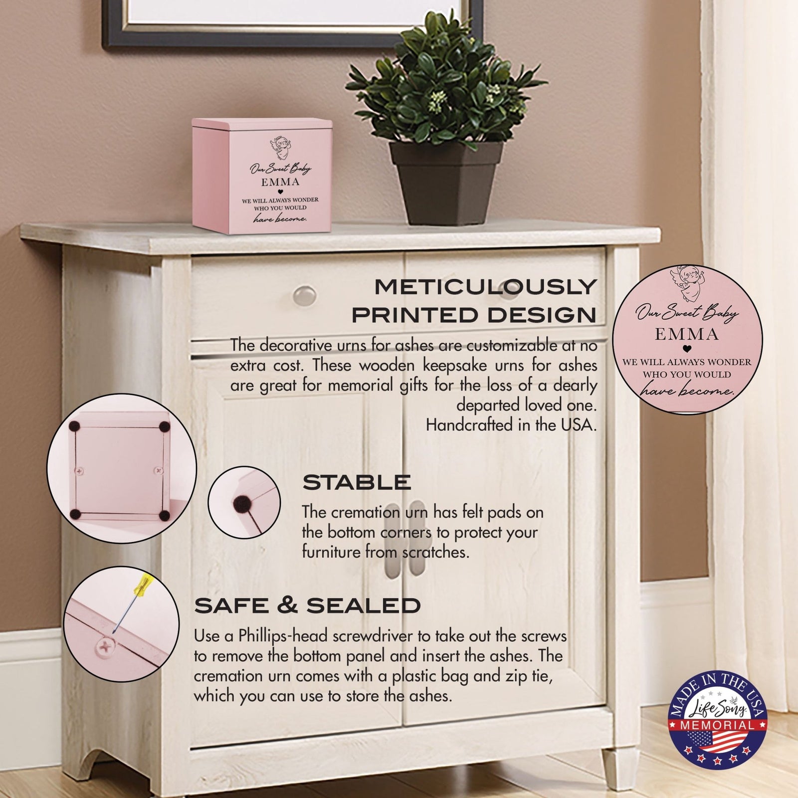 Personalized Still Born Infant Wooden Memorial Keepsake Urn For Human Ashes - Our Sweet Baby 1 - LifeSong Milestones