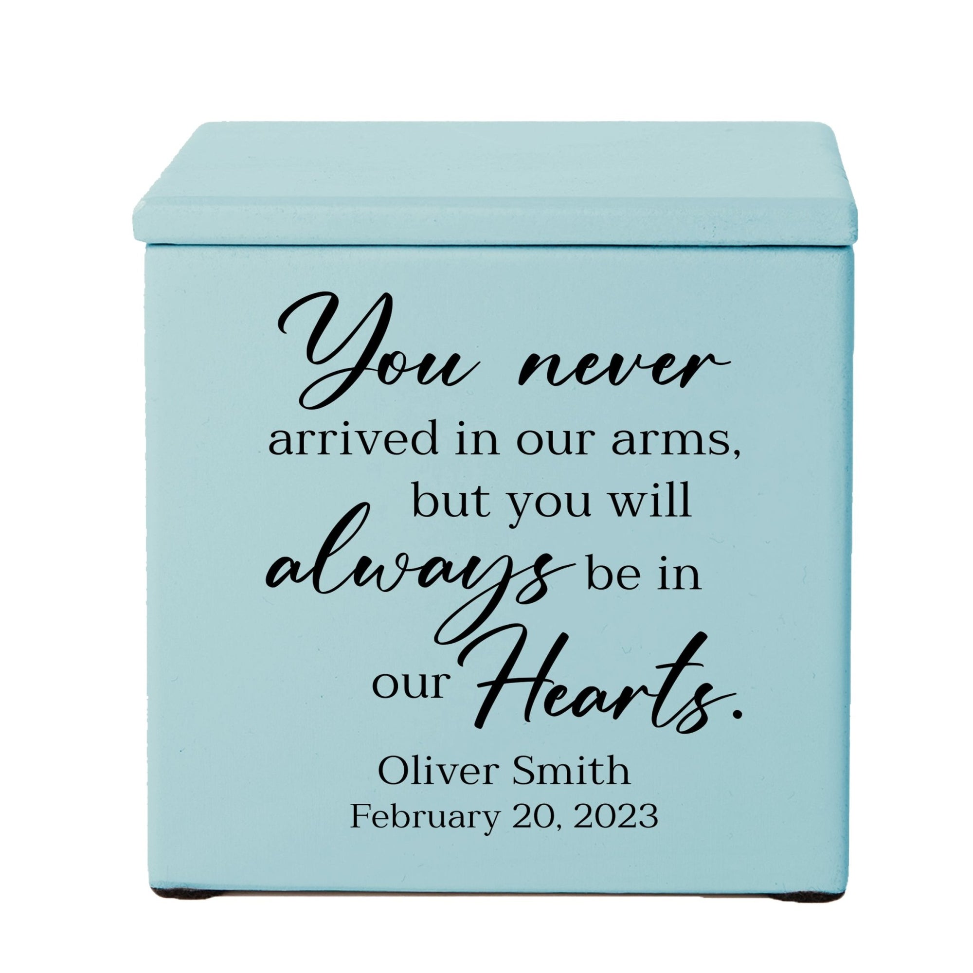 Personalized Still Born Infant Wooden Memorial Keepsake Urn For Human Ashes - You Never Arrived In Our Arms - LifeSong Milestones
