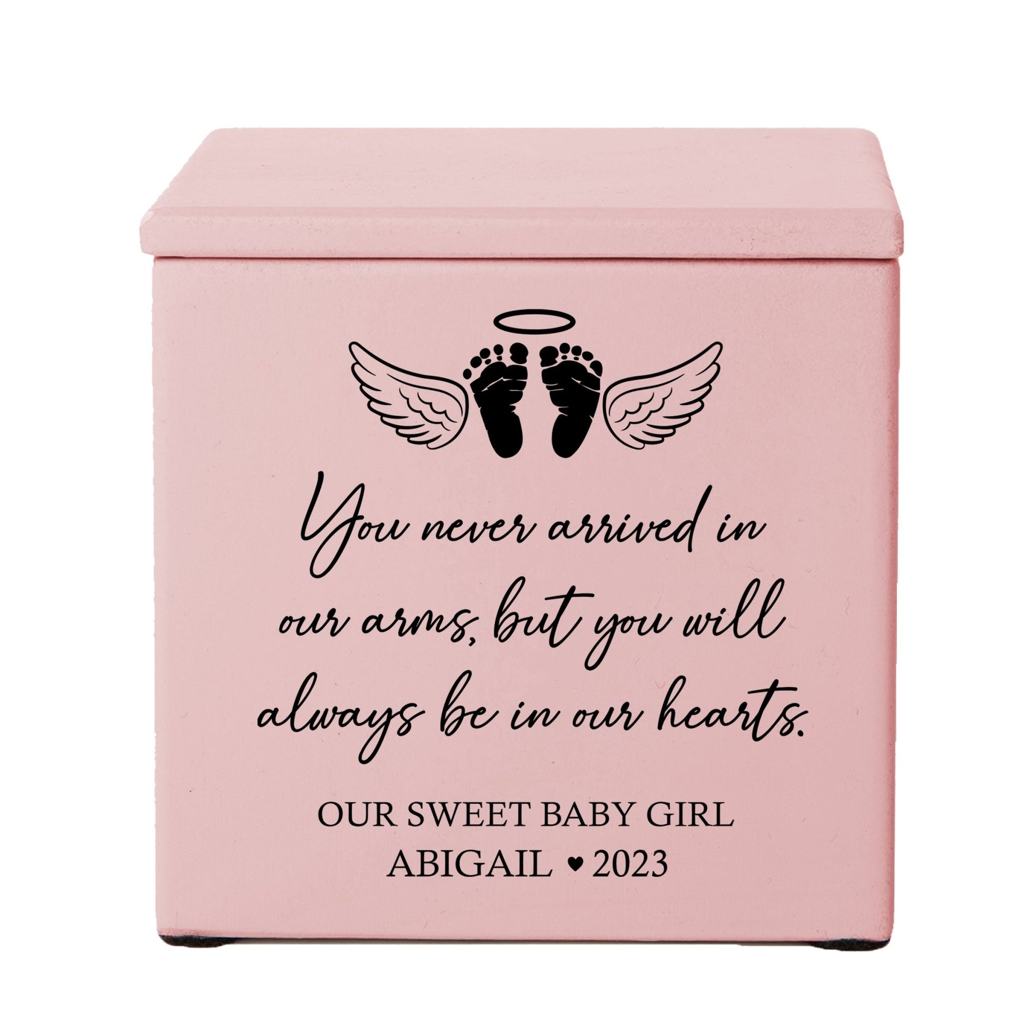 Personalized Still Born Infant Wooden Memorial Keepsake Urn For Human Ashes - You Never Arrived In Our Arms - LifeSong Milestones