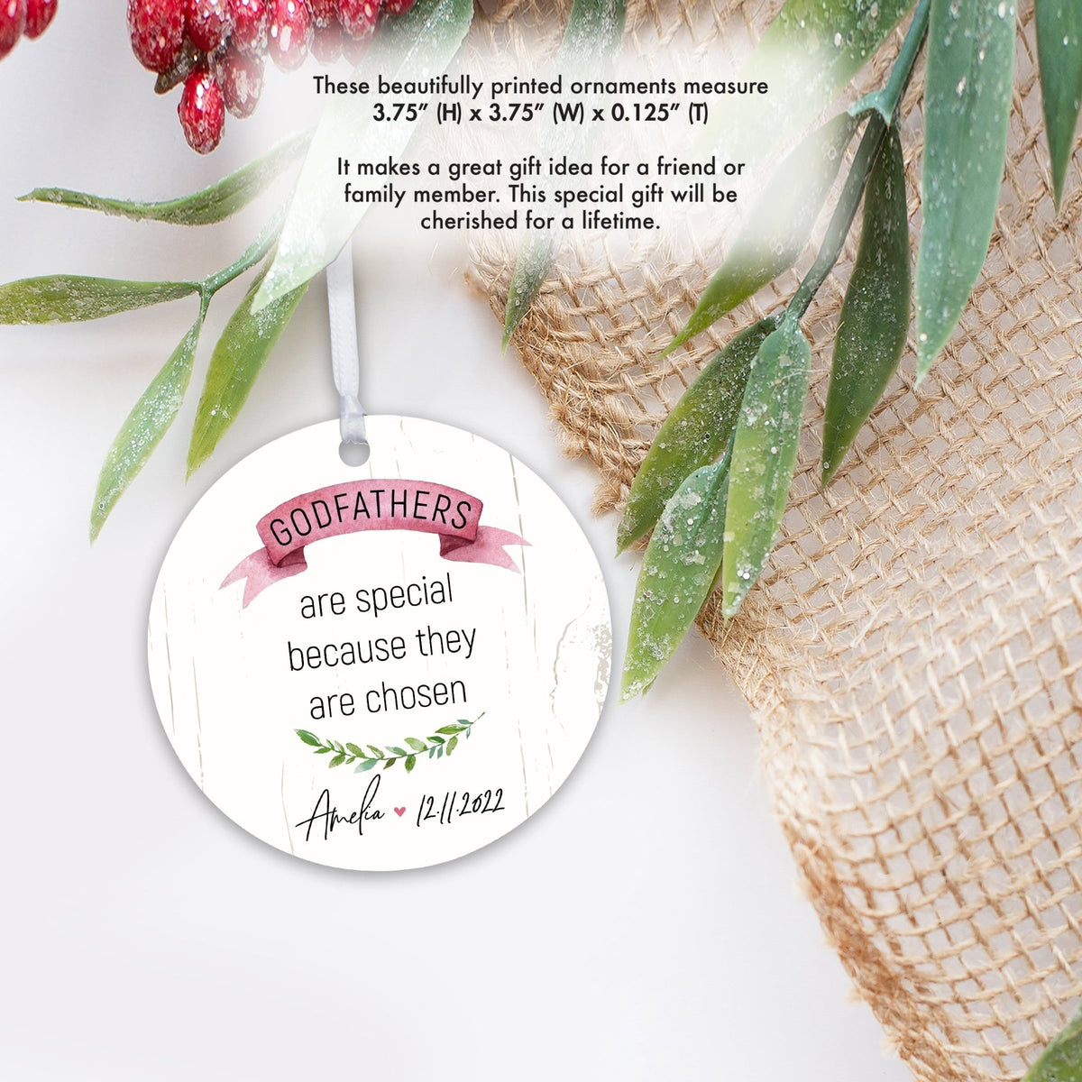 Personalized Unique Wooden Baptism Hanging Ornament Gift for Godfather - They Are Chosen - LifeSong Milestones